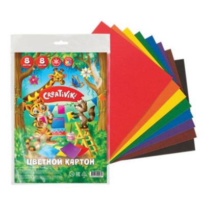 Набор цветного картона А4  8л 8цв 190 г/м2 с европодвесом КЦ8Л8ЦПКР Creativiki