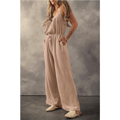 Pale Khaki Knotted Straps Button Textured Drawstring Jumpsuit