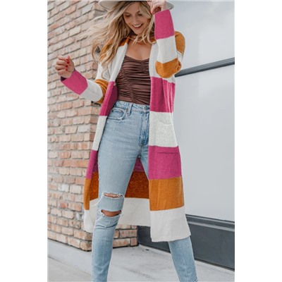 Rose Fiery Red Colorblock Open Front Long Knit Cardigan
