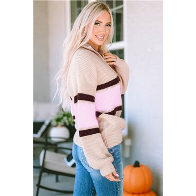 Apricot Striped Color Block Knit Zip Collared Sweater