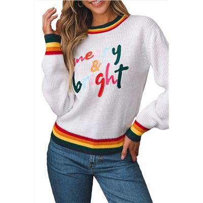 White Merry & Bright Colorful Stripes Trim Sweater