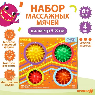 Набор развивающих массажных мячиков «Ёжики», 4 шт, d=5,6,7,8 см, Крошка Я