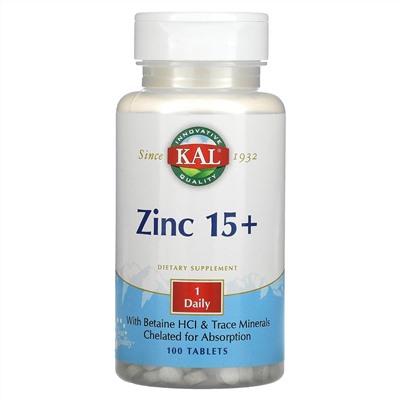 KAL, Zinc 15+, 100 Tablets