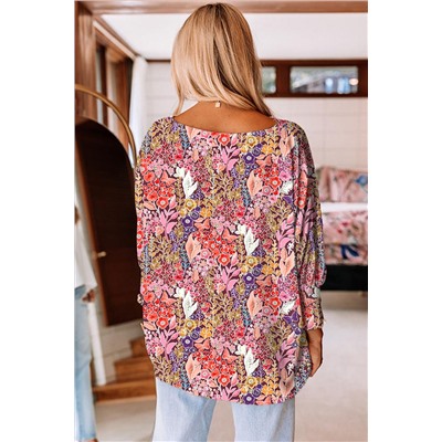 Multicolor Floral Print Shirred 3/4 Sleeve Tunic Blouse