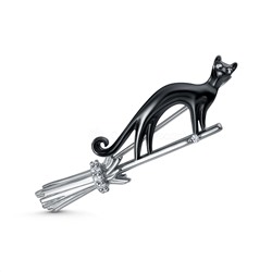 Брошь из серебра с фианитами и тёмным родированием - Чёрная кошка на метле БР-003рч200