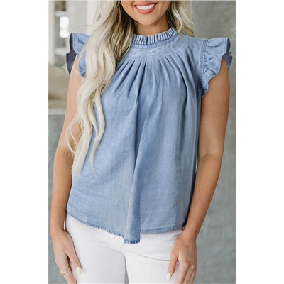 Beau Blue Frilly Pleated Button Back Retro Chambray Top