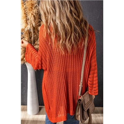 Orange Hollow-out Knit Kimono Lightweight Cardigan