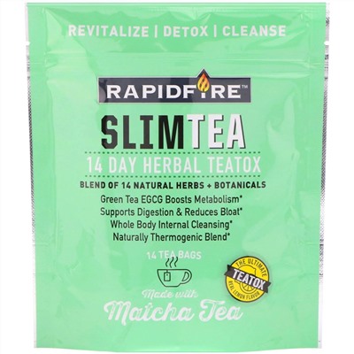 RAPIDFIRE, SlimTea, 14-дневный курс детоксикации на основе чая, Чай Матча, Настоящий лимонный вкус, 14 чайных пакетиков