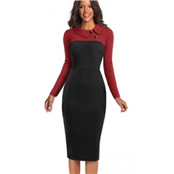 Черное платье-футляр с красными в мелкую клетку рукавами и кокеткой