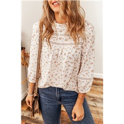 Printed Boho Floral Lace Eyelet Mock Neck Blouse