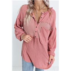 Pink Frayed Patchwork Waffle Knit Top