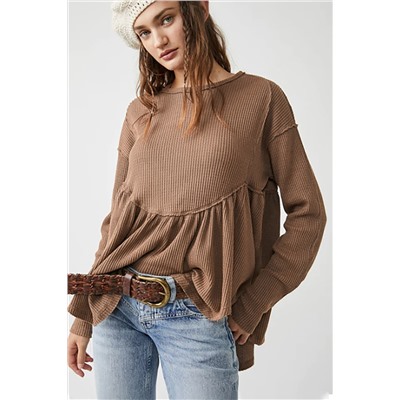 Brown Solid Color Ribbed Long Sleeve Peplum Blouse