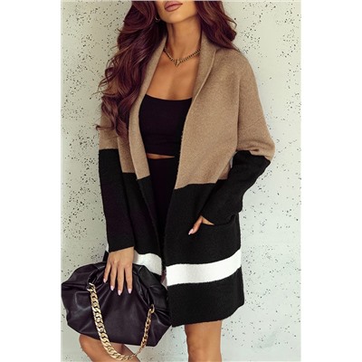 Brown Gingerbread Latte Colorblock Pocketed Cardigan