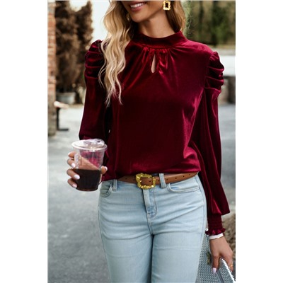 Red Mock Neck Puff Sleeve Velvet Blouse