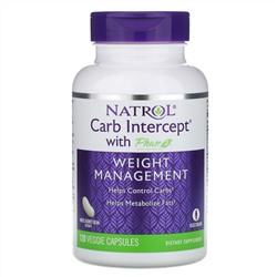 Natrol, Carb Intercept с Phase 2 Carb Controller, добавка для снижения веса, 1000 мг, 120 растительных капсул