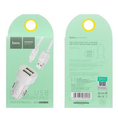 Адаптер Автомобильный с кабелем Hoco Z2A 2USB/5V/2.4A +micro USB (white)