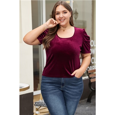 Burgundy Velvet Bubble Sleeve U Neck Plus Size Top