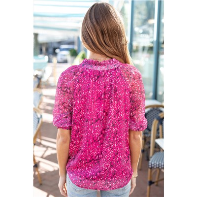 Rose Frilled Neck Puff Sleeves Leopard Print Top