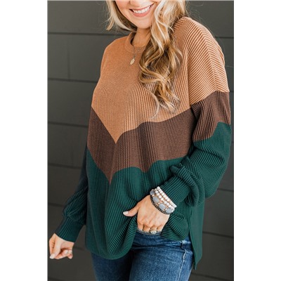 Blackish Green Color Block Corded Texture Long Sleeve Top