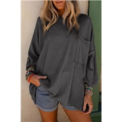 Dark Gray Ribbed Roll-tab Sleeve Chest Pocket Oversize Top