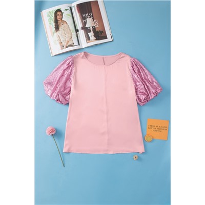 Pink Contrast Sequin Bubble Sleeve Plus Size T-shirt