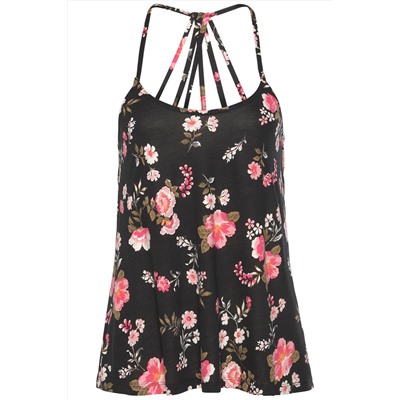 Black Floral Spaghetti Straps Strappy Back Tank Top