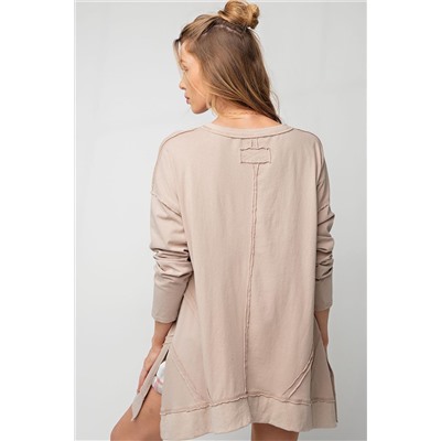 Apricot Exposed Seam V Neck Split Hem Tunic Top