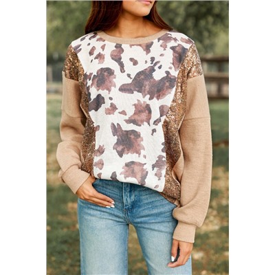 Smoke Gray Abstract Print Sequin Patch Pullover Top