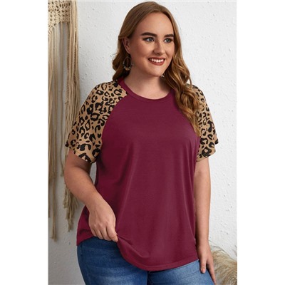 Burgundy Contrast Leopard Raglan Sleeve Plus Size T-shirt