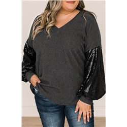 Black Plus Size Sequin Bubble Sleeve V Neck Knit Top