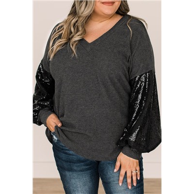 Black Plus Size Sequin Bubble Sleeve V Neck Knit Top