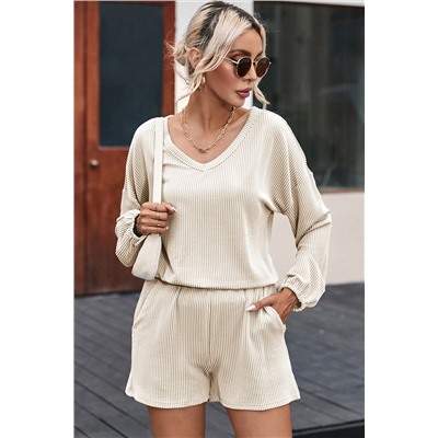 Beige Corded V Neck Slouchy Top Pocketed Shorts Set