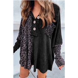 Black Leopard Patchwork Waffle Knit Buttoned Blouse