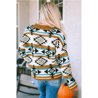 Brown Aztec Striped Knit Ribbed Trim Sweater