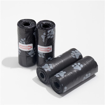 Пакеты для уборки за собаками с печатью "Лапки" (4 рулона по 15 пакетов 29х21 см), чёрный