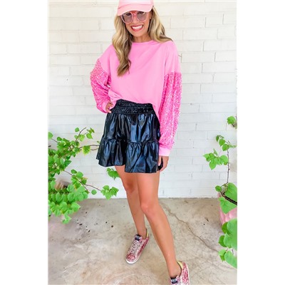 Pink Sequin Patchwork Long Sleeve Pullover Top