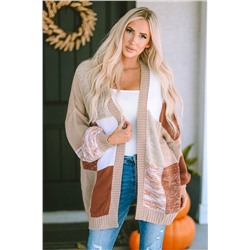 Khaki Checkered Pattern Open Front Drop Shoulder Slouchy Cardigan