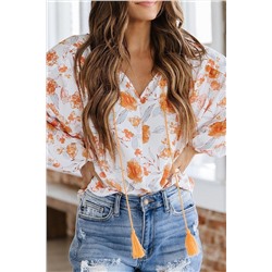 White Tassel Tie V Neck Bubble Sleeve Floral Blouse