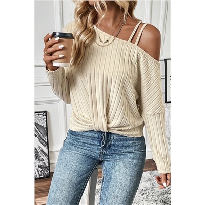 Apricot Asymmetrical Neck Cold Shoulder Twisted Knit Ribbed Top