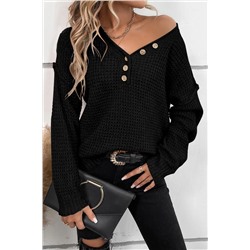 Black Pointelle Knit Button V Neck Drop Shoulder Sweater