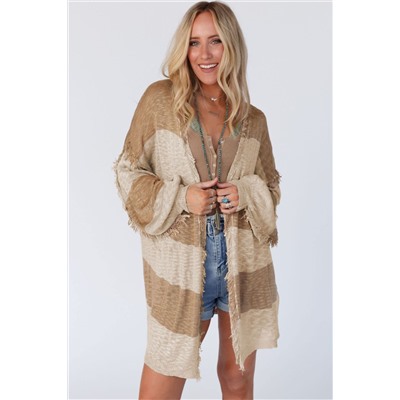 Khaki Stripe Lantern Sleeve Fringed Open Cardigan