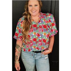 Multicolour Plus Size Floral Print Ruffle V Neck Bubble Sleeve Blouse