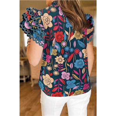 Green Trimmed Ruffle Sleeve Summer Floral Blouse