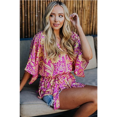 Boho Floral Print Belted Surplice Blouse