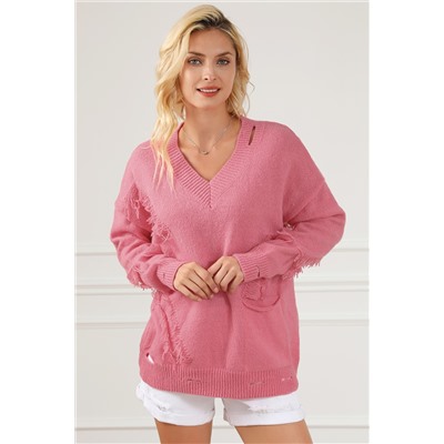 Розовый свитер с V-образным вырезом и бахромой