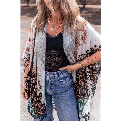 Green Boho Floral Print Irregular Hem Flowy Kimono