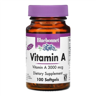 Bluebonnet Nutrition, витамин A, 3000 мкг, 100 мягких таблеток