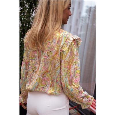 Yellow Paisley Print Ruffled Trim Boho Shirt