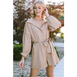 Light French Beige Lapel Drop Shoulder Bubble Sleeve Romper with Sash