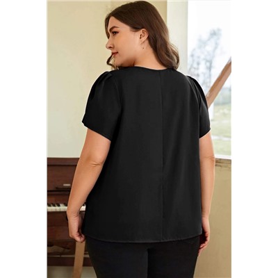 Black Keyhole Pleated Crew Neck Plus Size T Shirt